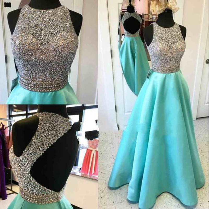 Sexy Women Turquoise Beaded Formal Dresses Backless Satin Evening Party Gowns