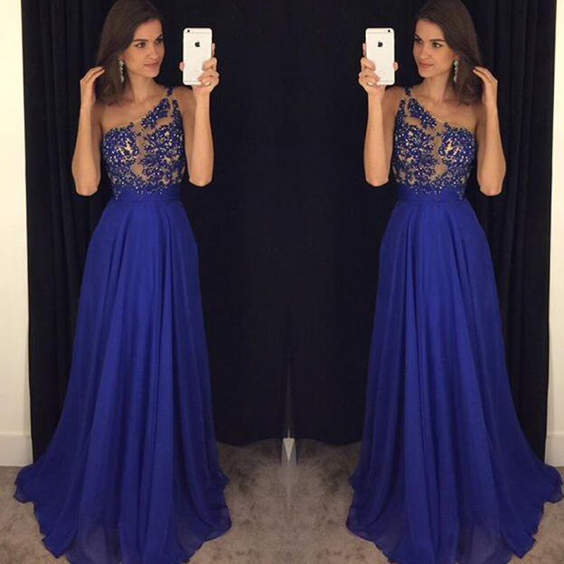 Sexy Women One Shoulder Royal Blue Formal Dresses Chiffon Evening Party Gowns