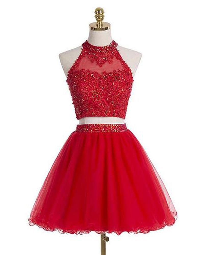 Sparkly Two Piece Red Homecoming Dresses,short Prom Dresses,lace Applique Halter Tulle Crystal Mini Dresses