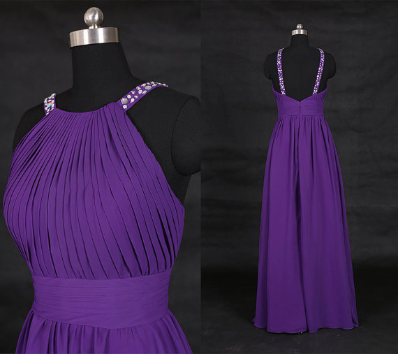 Fashion Chiffon A Line Purple Prom Gowns,purple Prom Dresses With Halter Neckline,a Line Prom Dress 2017