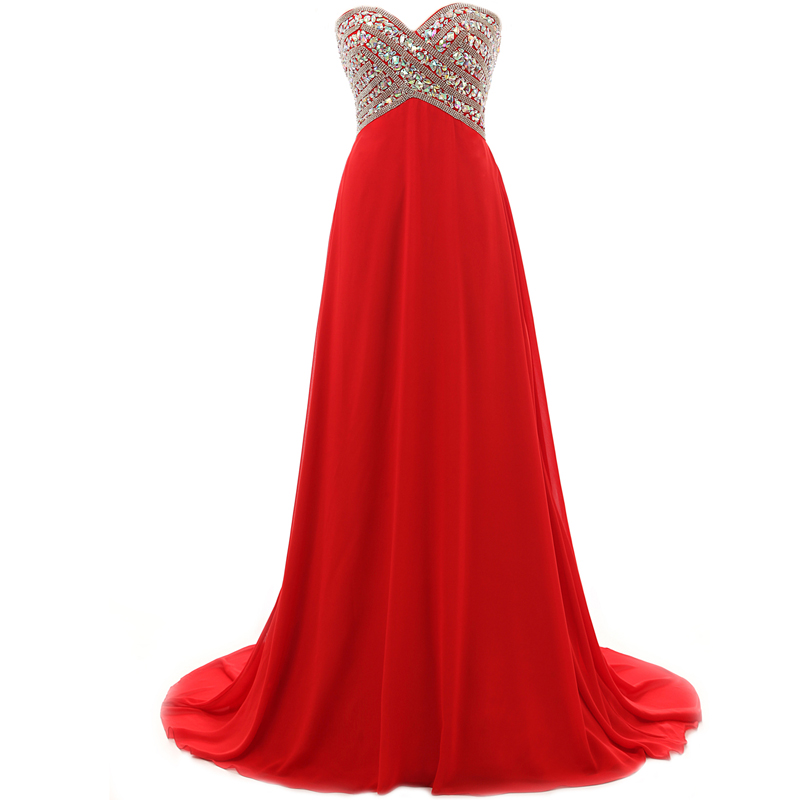 Sweetheart Red Chiffon Empire Waist Prom Dress, Evening Dress With Beaded Embellishment And Zipper Back