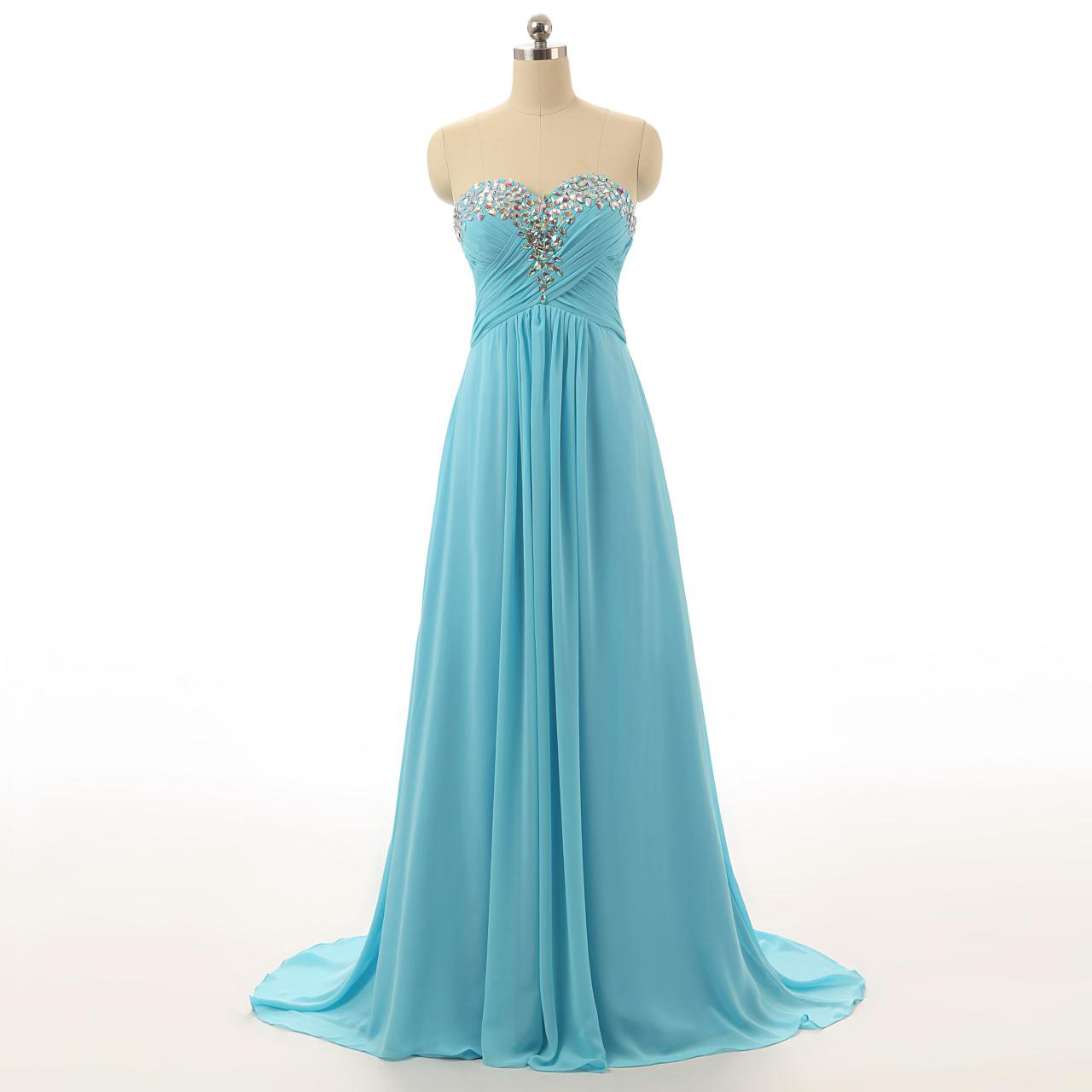 Long Light Blue Chiffon Prom Dress, Evening Dress With Beaded Rhinestone Embellishment And Lace-up Back