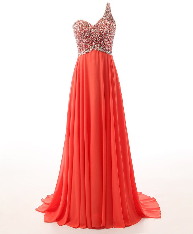 Sexy One Shoulder Coral Chiffon Backless Prom Dress, 2018 Evening Dress With Beaded Embellishment And Open Back
