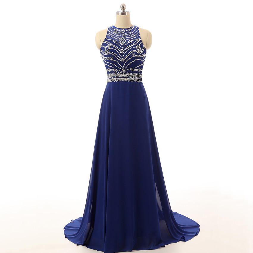 2017 Royal Blue Prom Dresses Featuring Scoop Neckline Long Backless Evening Gowns