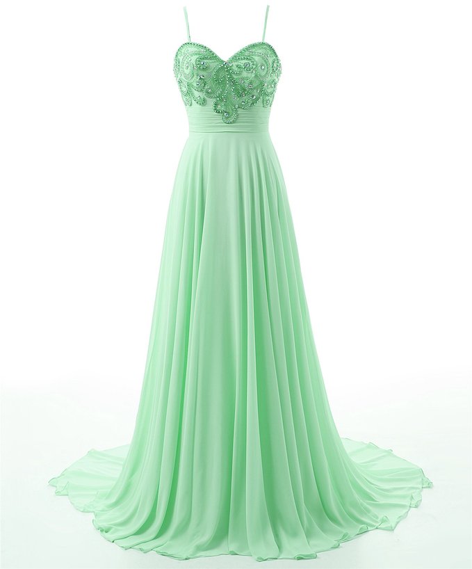 2017 Mint Green Prom Dresses Featuring Spaghetti Straps Long Chiffon Beaded Evening Gowns