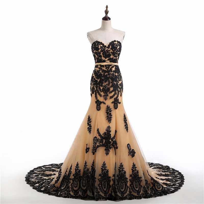 Women Lace Applique Mermaid Champagne Formal Dresses Tulle Evening Party Gonws With Belt 
