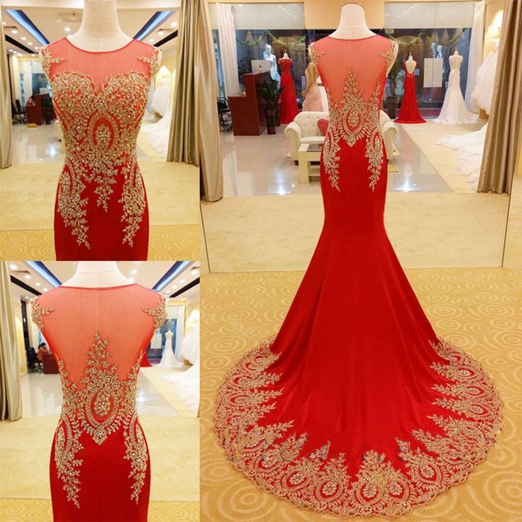 Lace Applique Red Mermaid Formal Dresses Featuring Sheer Neck And See Through Back - Prom Dresses,party Dress