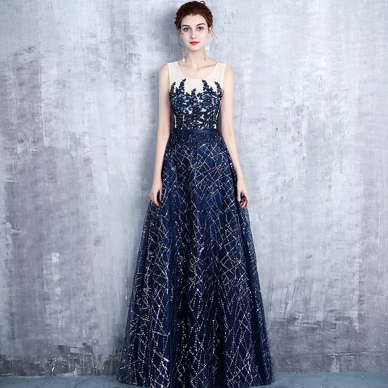 Long Eleganat Lace Applique Navy Blue A Line Beaded Formal Dresses Featuring Sheer Neck And Lace-Up Back - Prom Dresses,Party Dress