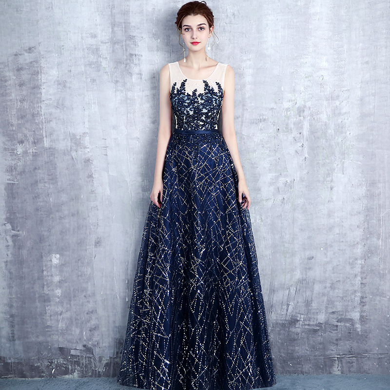 green emerald velvet dress Navy Jeweled Top Maxi Dress with Side Slit main image 0