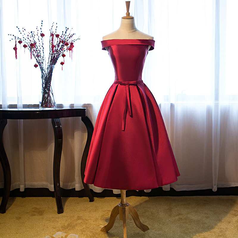 Tea Length Satin Burgundy A Line Formal Dresses Featuring Off The Shoulder And Lace-up Back - Prom Dresses,party Dress