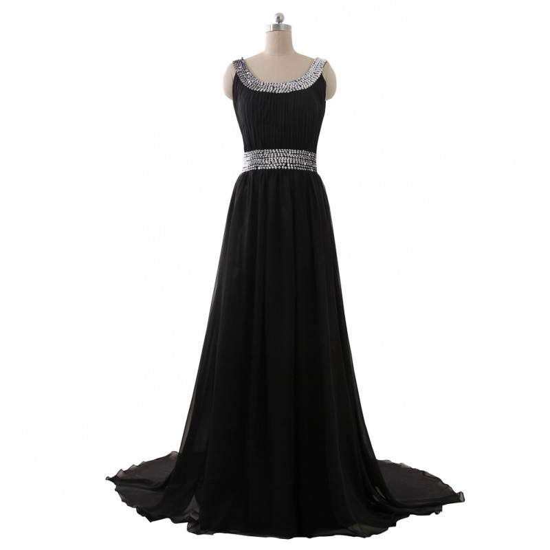 Sexy Beaded Black Prom Dresses Floor Length Scoop Neckl Long Chiffon A Line Evening Gowns