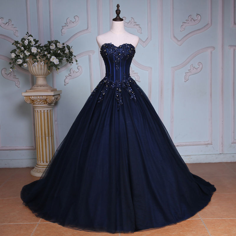 Navy Blue Floor Length Lace Applique Tulle Prom Dresses Featuring Lace-up Back Ball Gown Long Elegant Evening Formal Gowns
