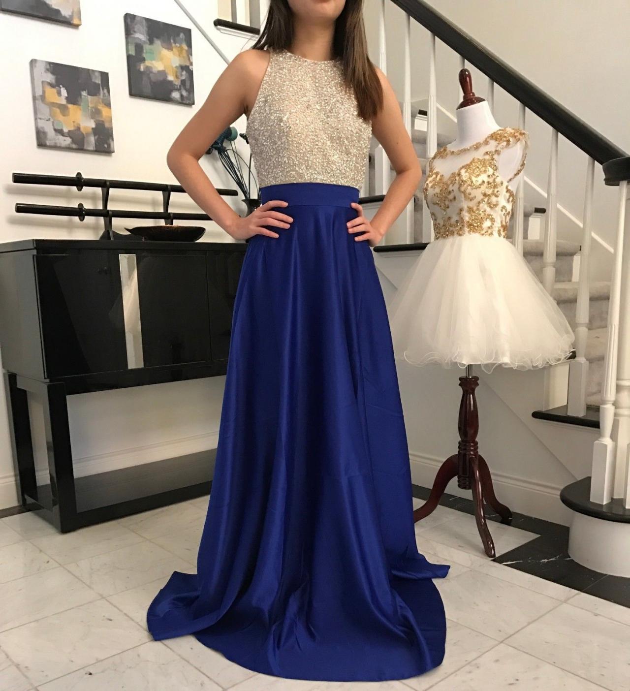 Royal Blue Long Beaded Satin Prom Dresses Featuring Open Back A Line Long Elegant Evening Formal Gowns