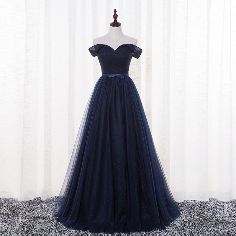 Charm Navy Blue Tulle Prom Dresses With Off The Shoulder,Long V Neckline Lace Up Evening Dresses, Dark Navy Bridesmaid Dresses 2018