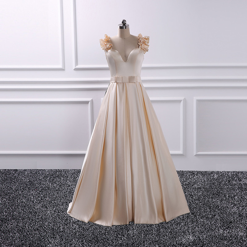 Champagne Prom Dresses Long Elegant Satin Floral Evening Gowns - Formal Dresses, Party Dress