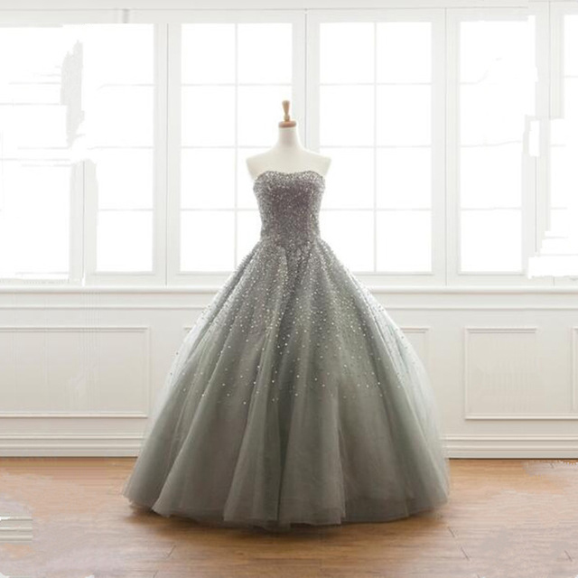 Luxury Grey Tulle Long Quinceanera Gown Featuring Sweetheart Neckline, Floor Length Beaded Prom Dresses