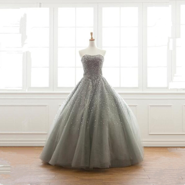 grey quinceanera dresses Chic Strapless Ball Gown Quinceanera Dress Tulle Appliques Long Prom D –  EvaFashionDress