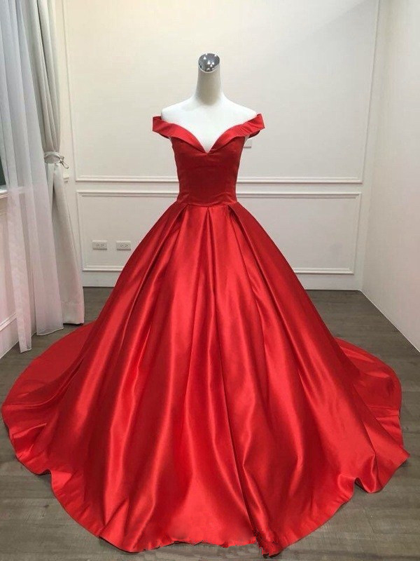 Stunning Red Satin Prom Dresses,Long V Neck Evening Dresses, Chapel Train Formal Dresses