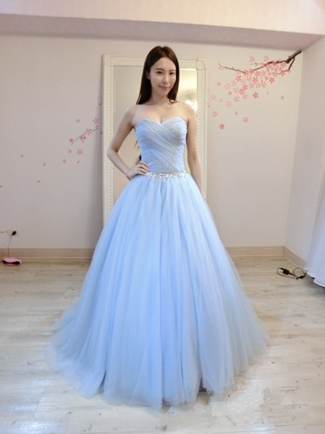 Light Blue Tulle Beaded Ball Gown Prom Gowns, Strapless Prom Dresses,ball Gown Prom Dresses 2018