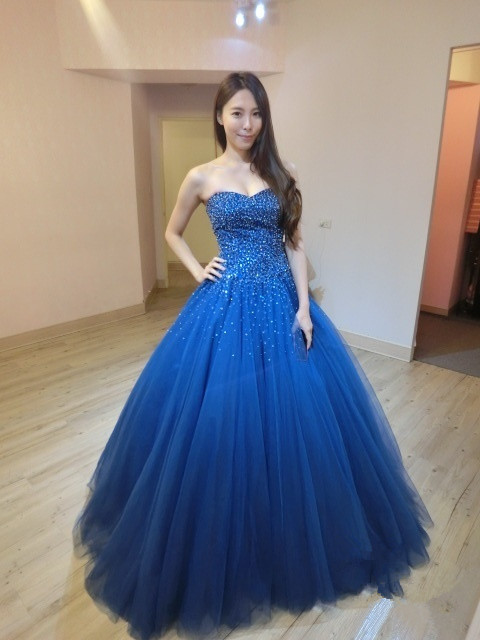 Long Royal Blue Tulle Beaded Ball Gown Prom Gowns, Floor Length Strapless Sweetheart Prom Dresses,ball Gown Prom Dresses 2018