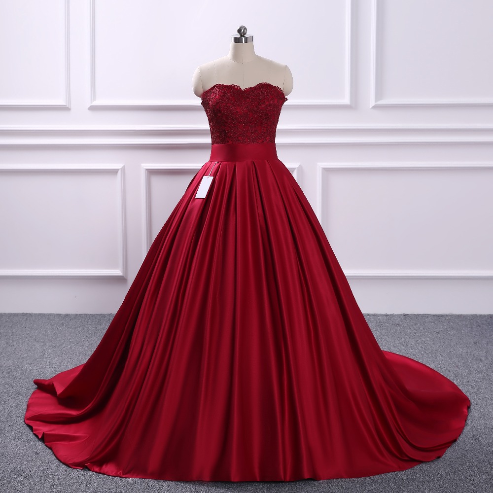 Elegant Long Women Sweetheart Formal Dresses Burgundy Satin Lace Applique Evening Party Ball Gonws With Sweetheart Neckline