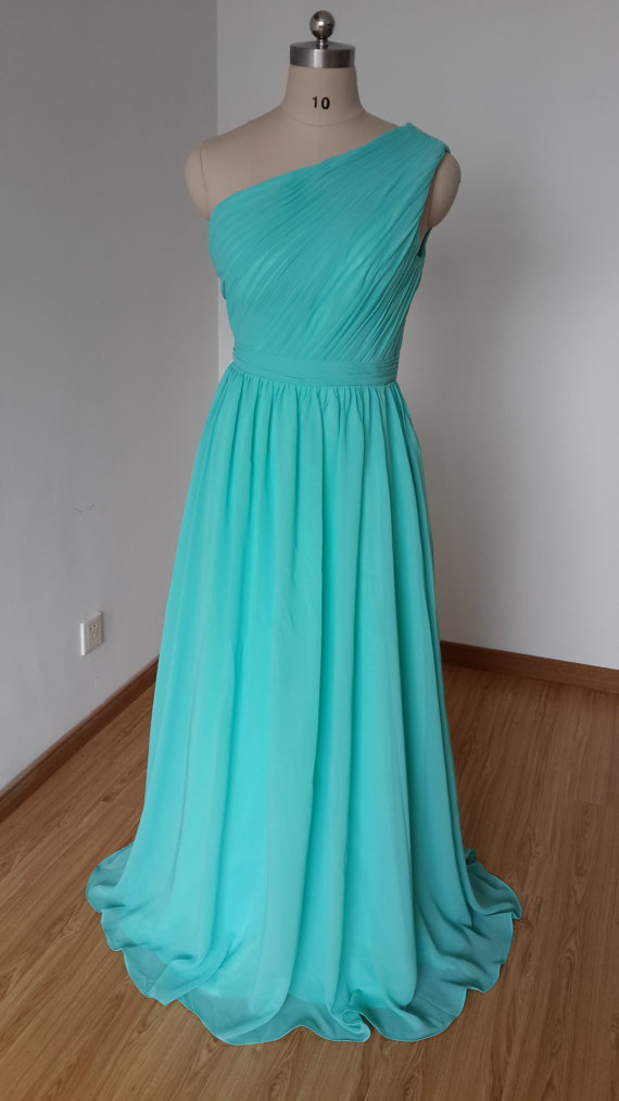 Turquoise Chiffon One Shoulder Bridesmaid Dresses, Elegant Long One Shoulder Formal Dresses, Wedding Party Dresses