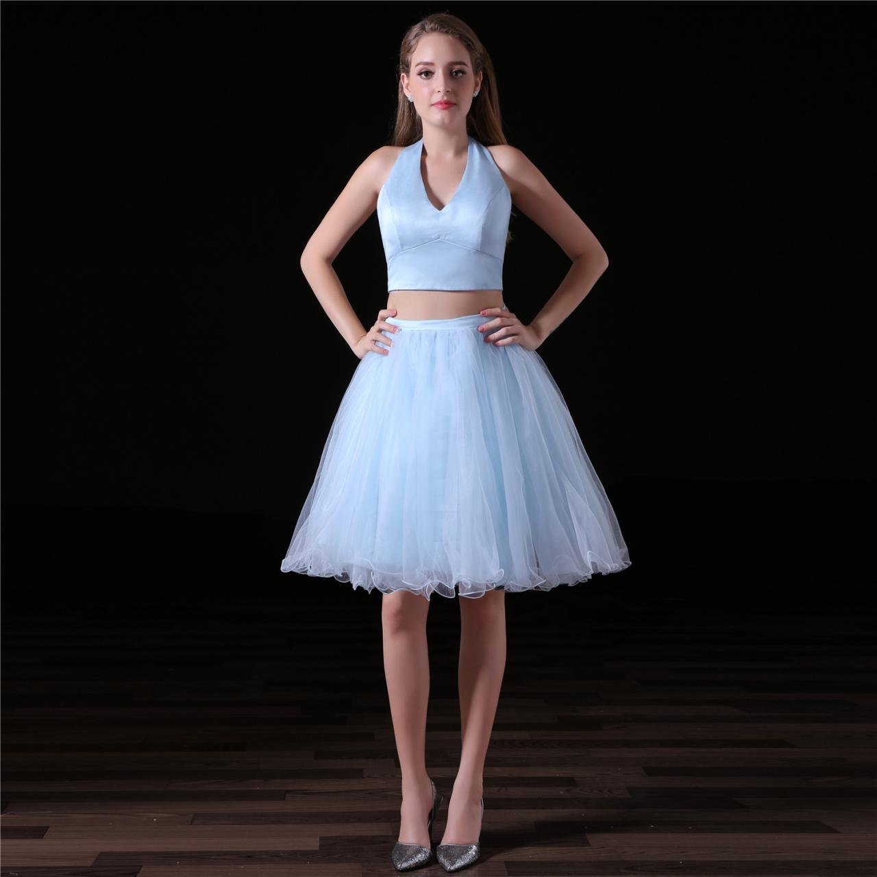 Two Piece Light Blue Homecoming Dresses With Satin Halter Neckline And Organza Ruffle Skirt