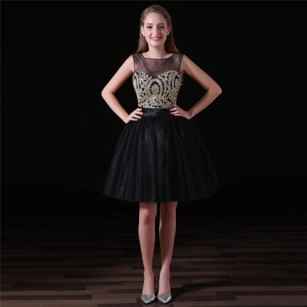 Elegant Lace Applique Black Homecoming Dresses With Sheer Neckline