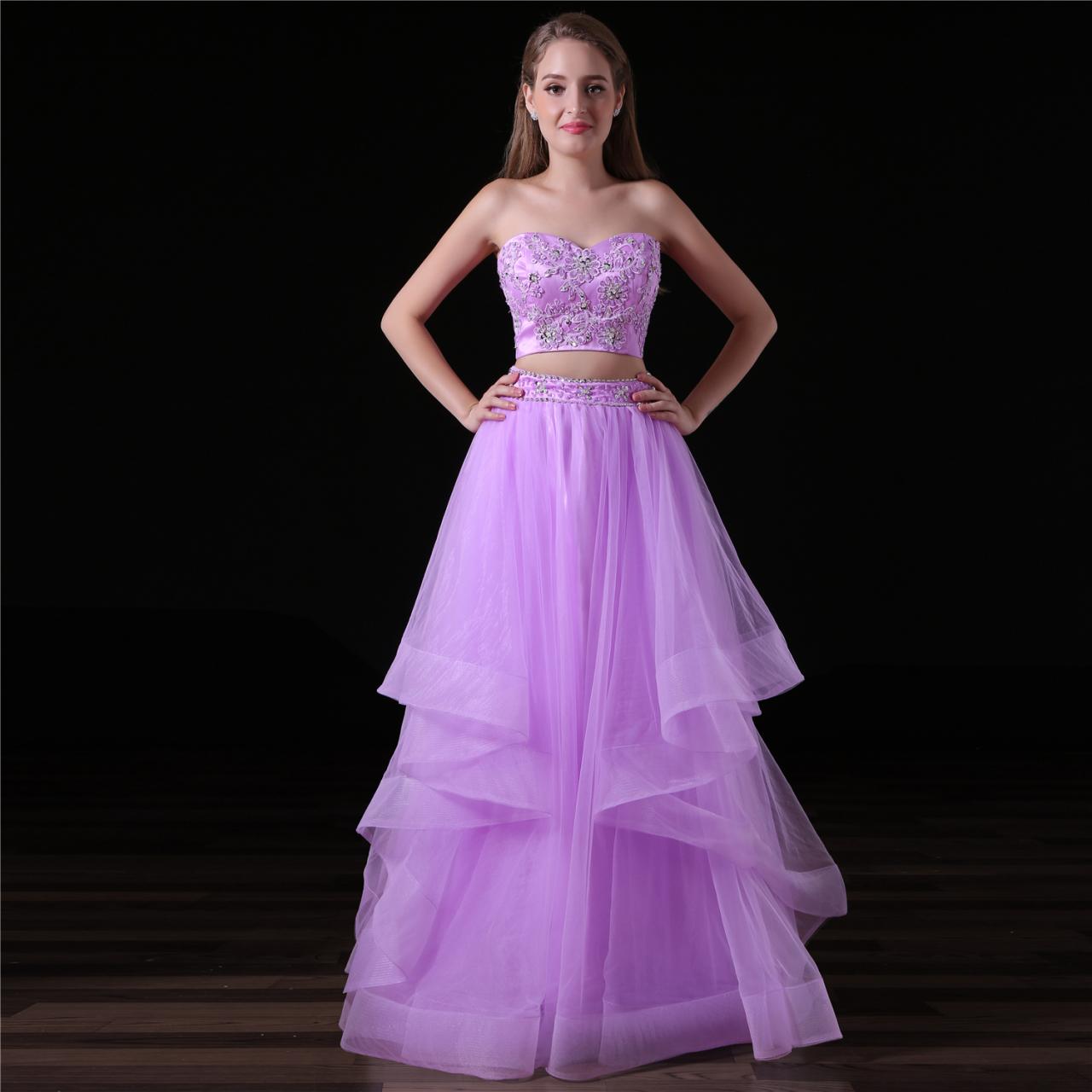 Sexy Long Two Piece Prom Dresses Featuring Lace Applique Sweetheart Neckline, Long A Line Tulle Evening Gowns