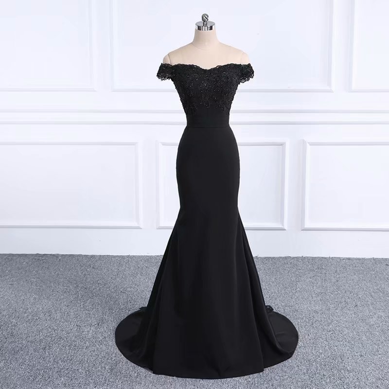 chinese dress ladies Sweep Train Black Mermaid Sweetheart Prom Dresses with Slit Simple Eve –  Hoprom