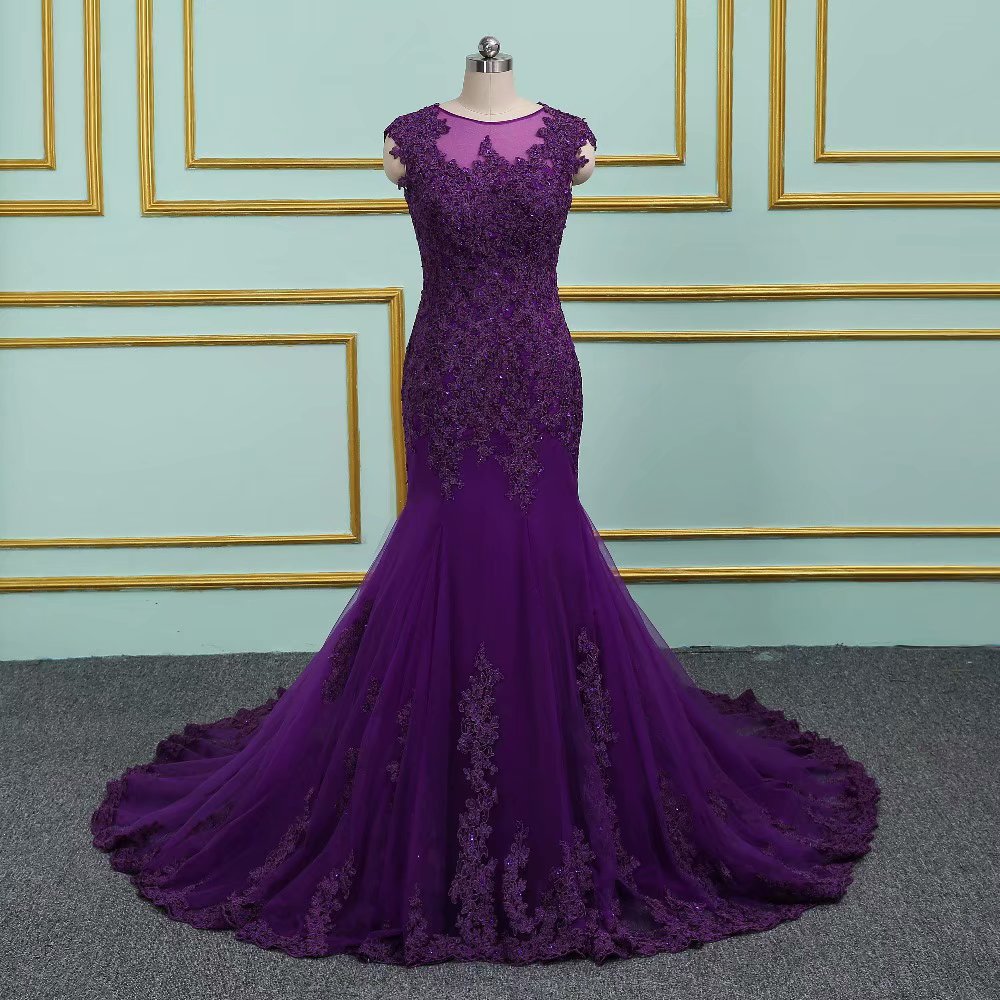 Purple Mermaid Long Prom Dresses 2019 Tulle Beaded Appliques Sheer Neck Evening Dress