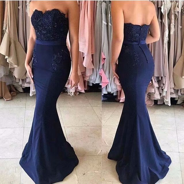 Fashion Navy Blue Prom Dresses 2019 Appliques Princess Formal Evening Dress