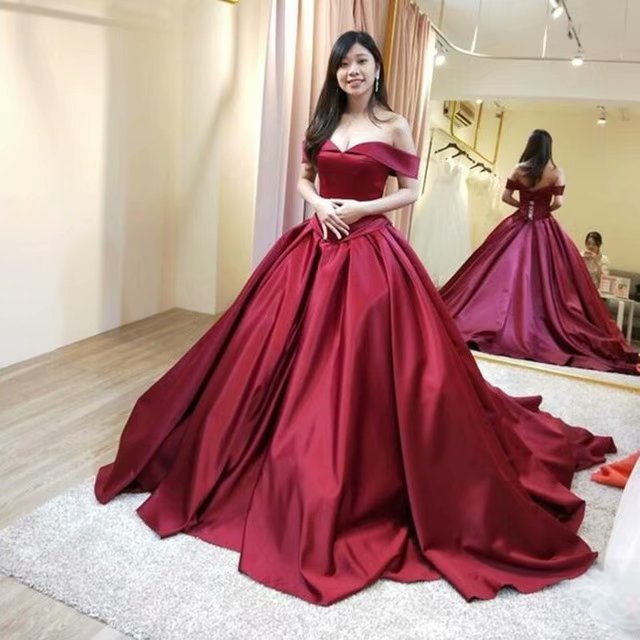 Sexy Burgundy Prom Dresses 2019 Satin Off The Shoulder Evening Dress