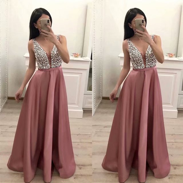 Blush Pink Prom Dresses 2019 Satin Beaded V Neck Beaded Evening Party Dress