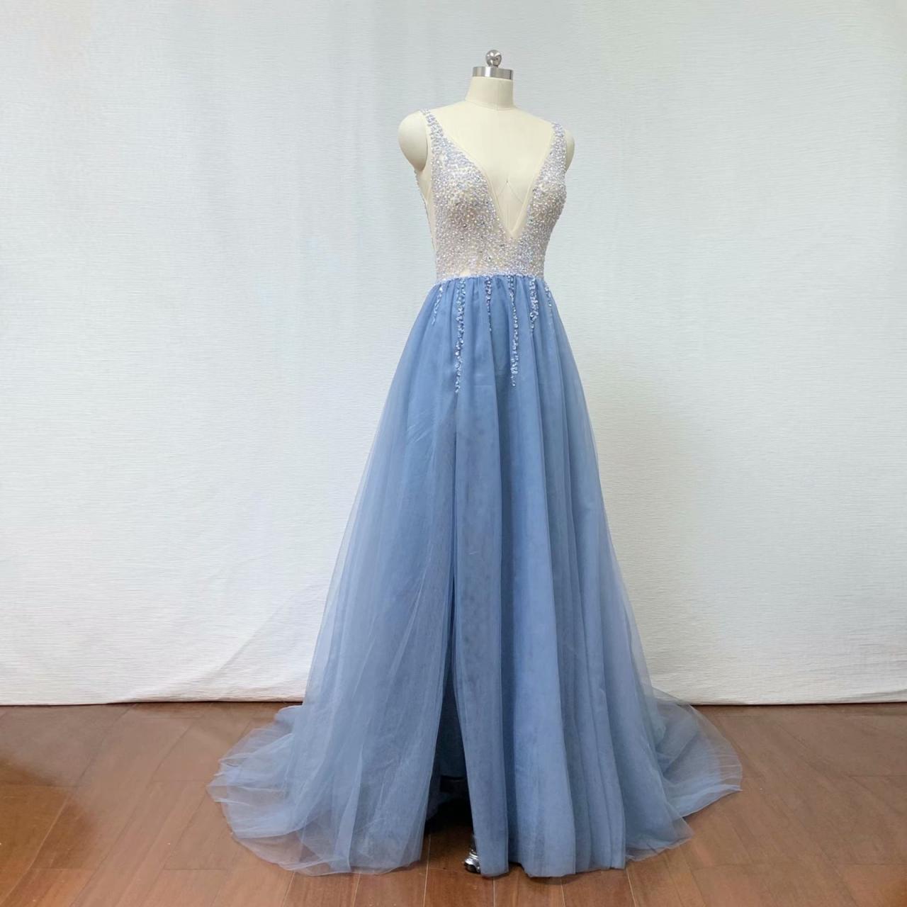 2019 Fashion Light Blue Beading Evening Dresses A Line Tulle Prom Gowns