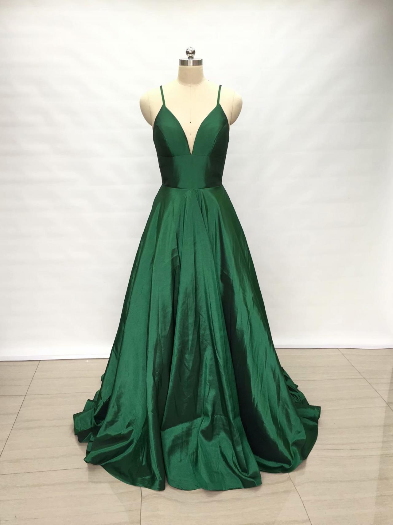 2019 Wedding Party Gowns Spaghetti Straps Dark Green Evening Dresses A Line Prom Gowns