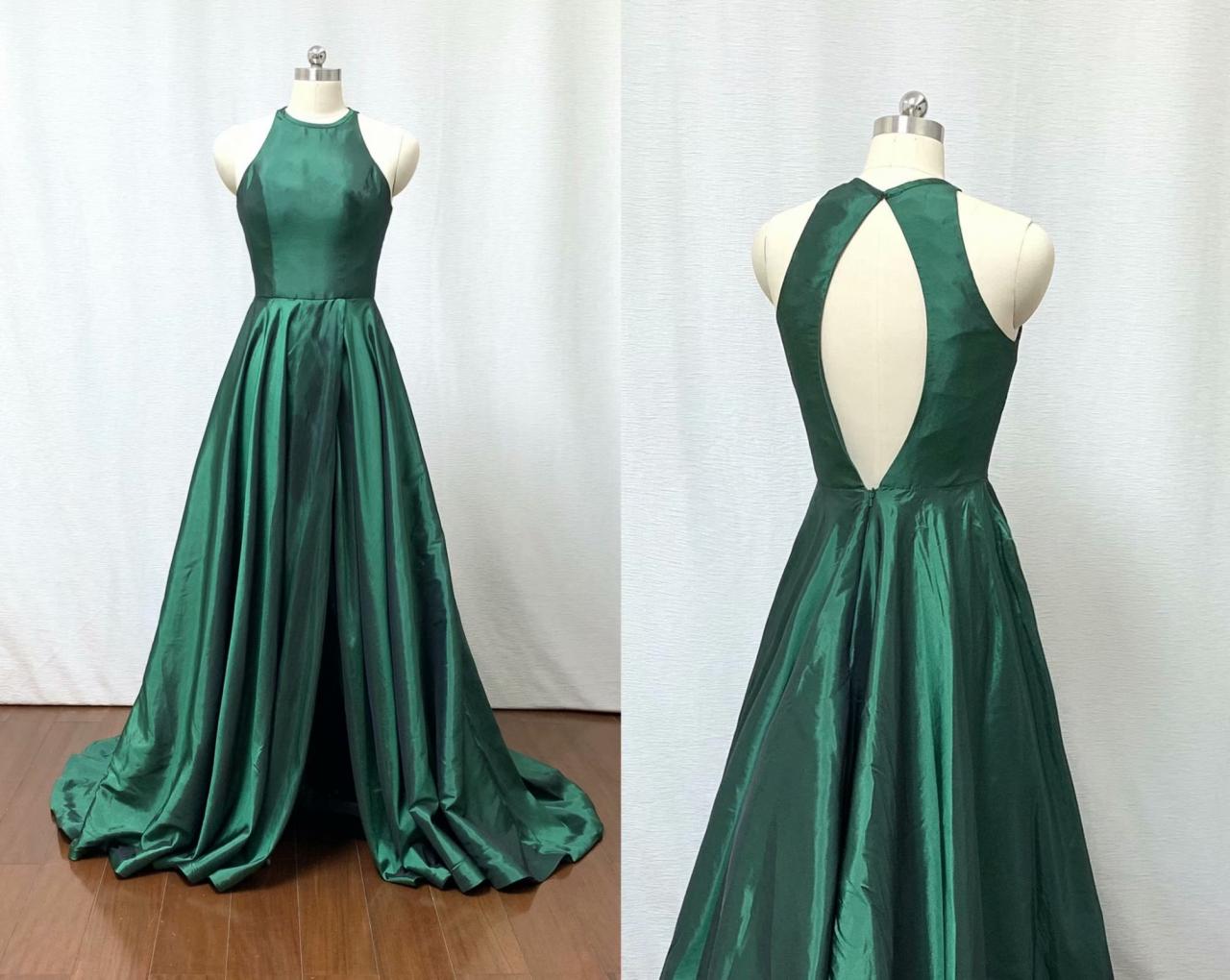 2019 Dark Green Backless Evening Dresses A Line Chapel Train Prom Gowns