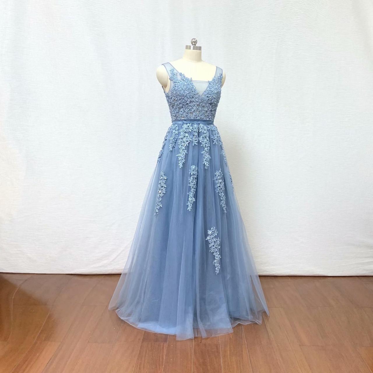 2019 Prom Dress Light Blue Lace Applique Formal Dresses Evening Dresses Backless Tulle Prom Gowns