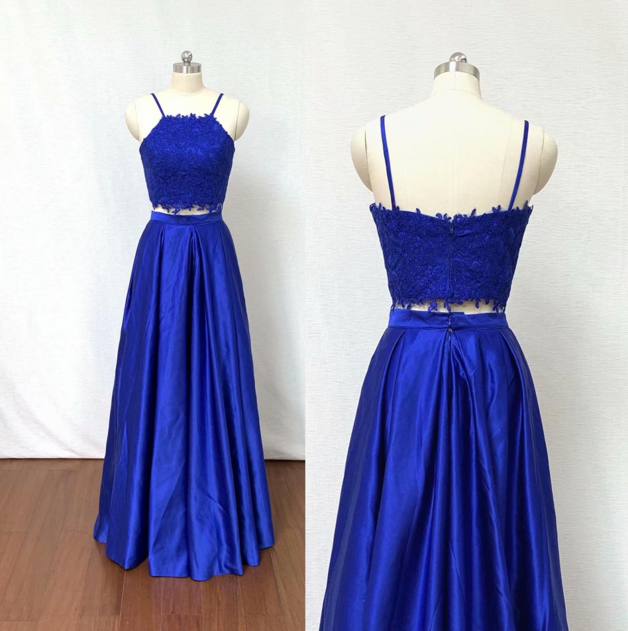 2019 Sexy Royal Blue 2 Piece Prom Dress Evening Dresses A Line Applique Prom Gowns