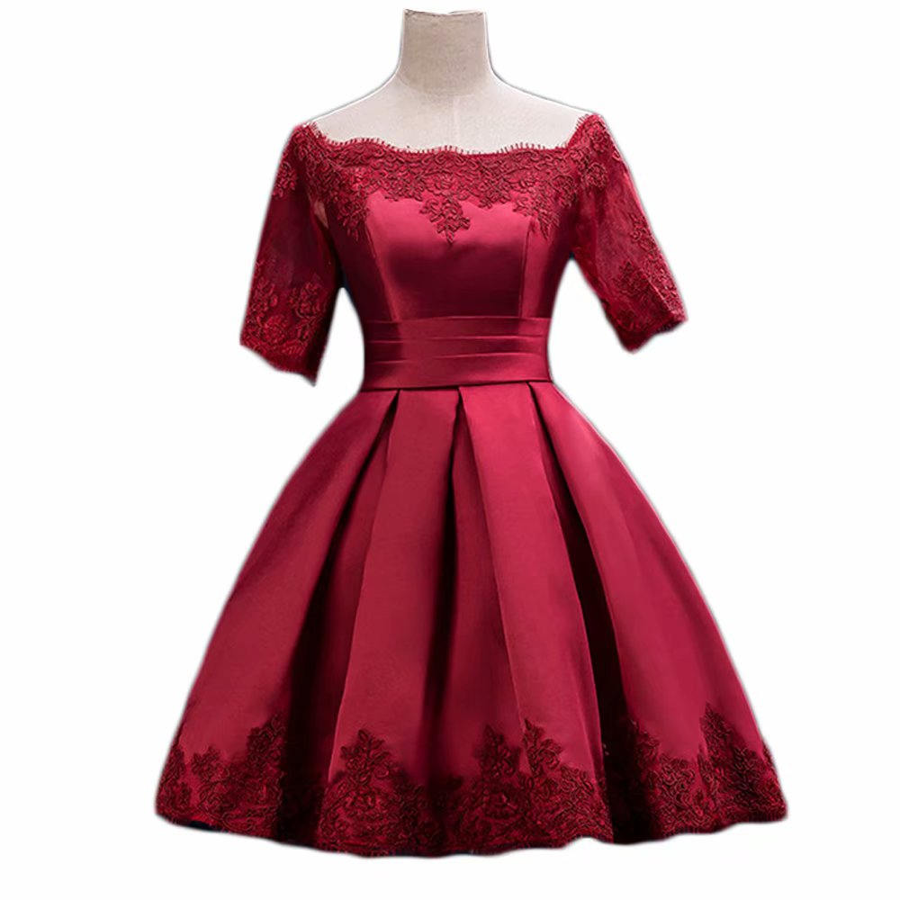 Ball Gown Burgundy Satin Short Sleeve Short Homecoming Prom Dress Evening Cocktail Gown Bridesmaid Formal Dresses
