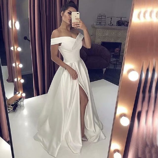 White Ivory Satin Prom Dress Off The Shoulder Long Women Evening Party Dress