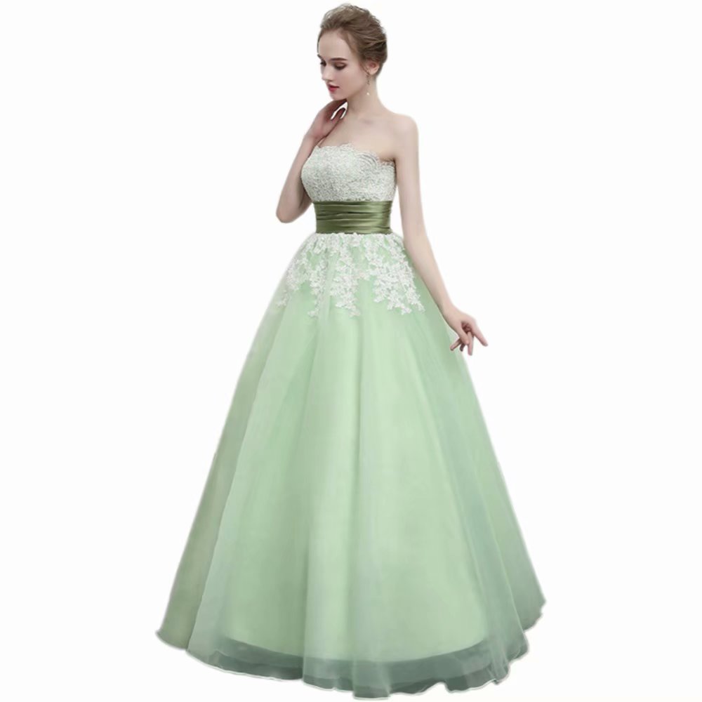 Arrival Light Green Prom Dress Lace Applique Strapless Long Women Party
