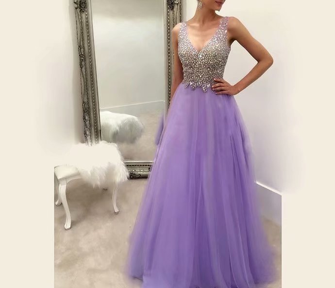 Long Wedding Party Dresses Lavender Tulle Formal Dresses Featuring Rhinestone Beaded Bodice With V Neckline -- Long Elegant Prom Dresses, Sexy
