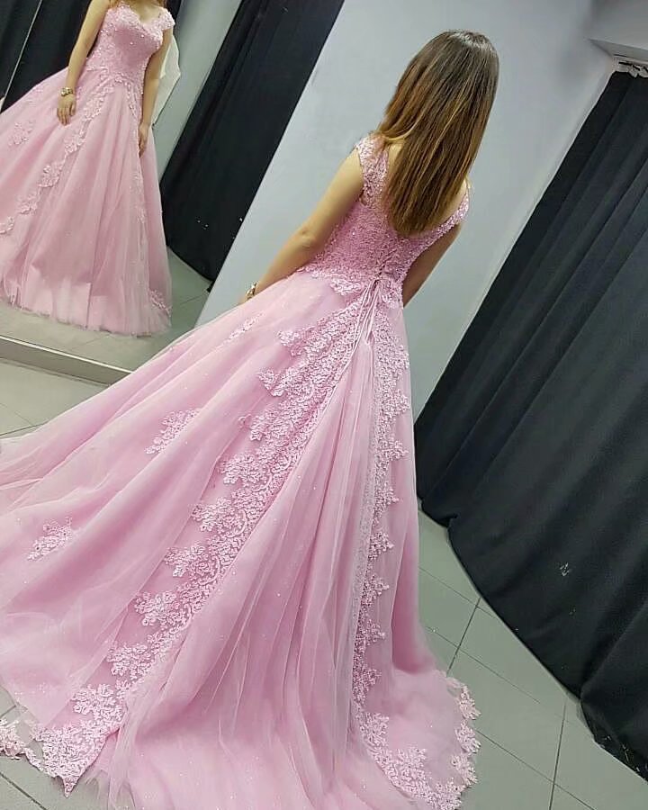 Long Pink Bridesmaid Dress Lace Applique Formal Dresses Featuring Lace Bodice With V Neckline -- Long Elegant Prom Dresses, Sexy Evening Gowns