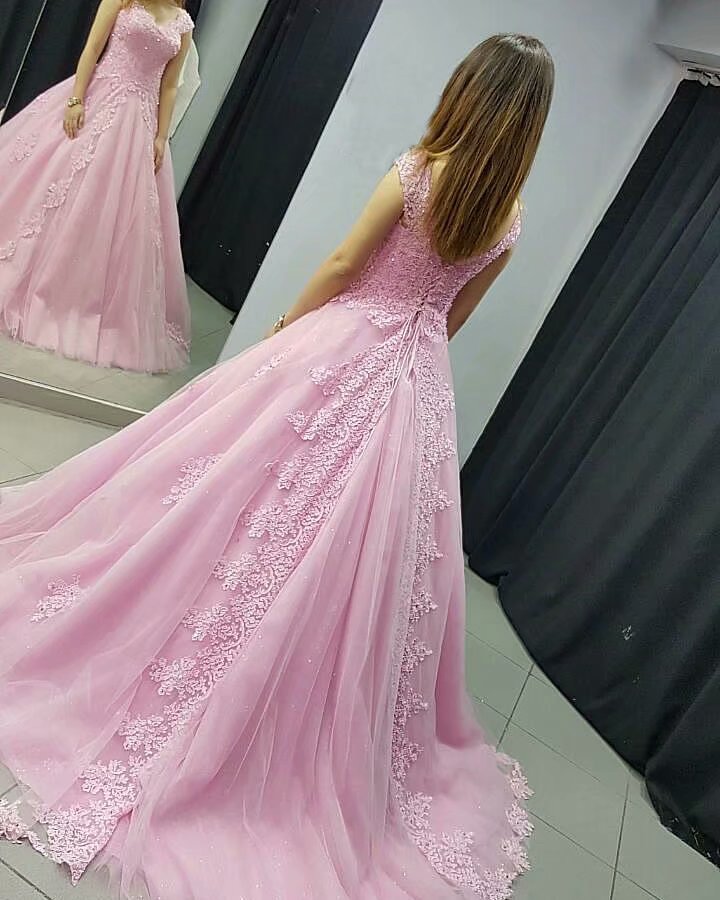 Long Pink Bridesmaid Dress Lace Applique Formal Dresses Featuring Lace Bodice with V Neckline -- Long Elegant Prom Dresses, Sexy Evening Gowns