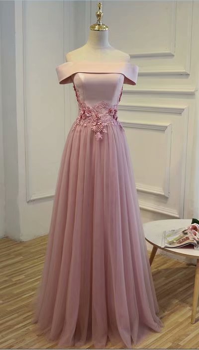 Fashion Blush Pink Formal Dresses Featuring Satin Bodice With Off-shoulder Neckline -- Long Elegant Prom Dresses, Sexy Evening Gowns