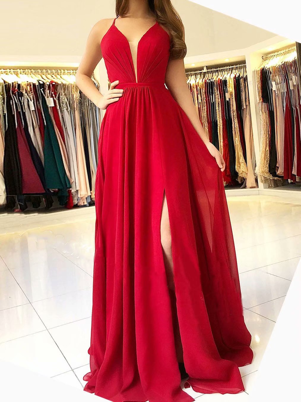 Floor Length Red Prom Gowns Chiffon Formal Dresses With Deep V Neckline And Side Split-- Long Elegant Prom Dresses, Sexy Evening Gowns