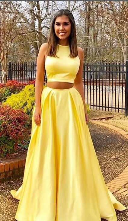 Floor Length Yellow Satin Formal Dresses Featuring Satin Bodice With Halter Neckline -- Long Elegant Two Piece Prom Dresses, Sexy Evening Gowns