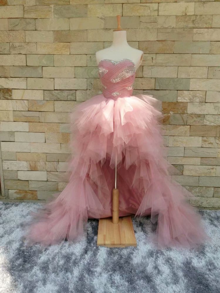 Luxury Wedding Party Dress Pink Formal Dresses Featuring Rhinestone Beaded Bodice With Sweetheart Neckline High Low Prom Dresses Sexy Evening