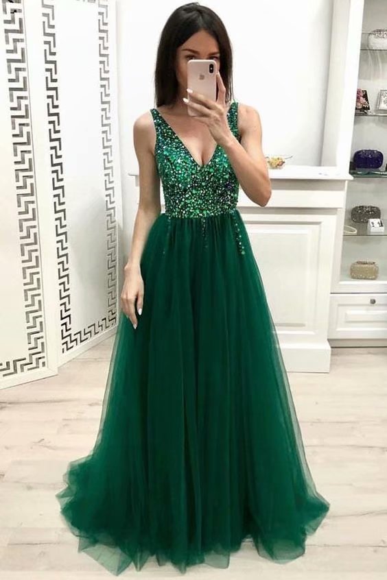Fashion Design 214 Long Party Dresses 2019 Women Dark Green Tulle Formal Dresses Featuring Rhinestone Beaded Bodice with Deep V Neckline Long Elegant Prom